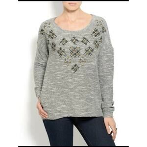 Lucky Lotus by Lucky Brand Women Large Studded Metallic Heather Gray Sweater